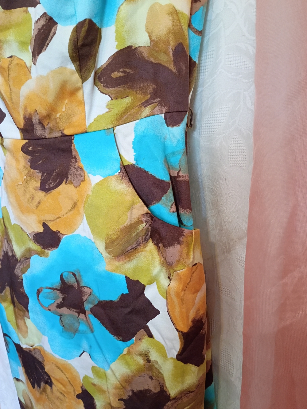 New Directions Ladies Floral Midi Dress in Turquoise, Mustard & Brown Sz 4 - Picture 2 of 8